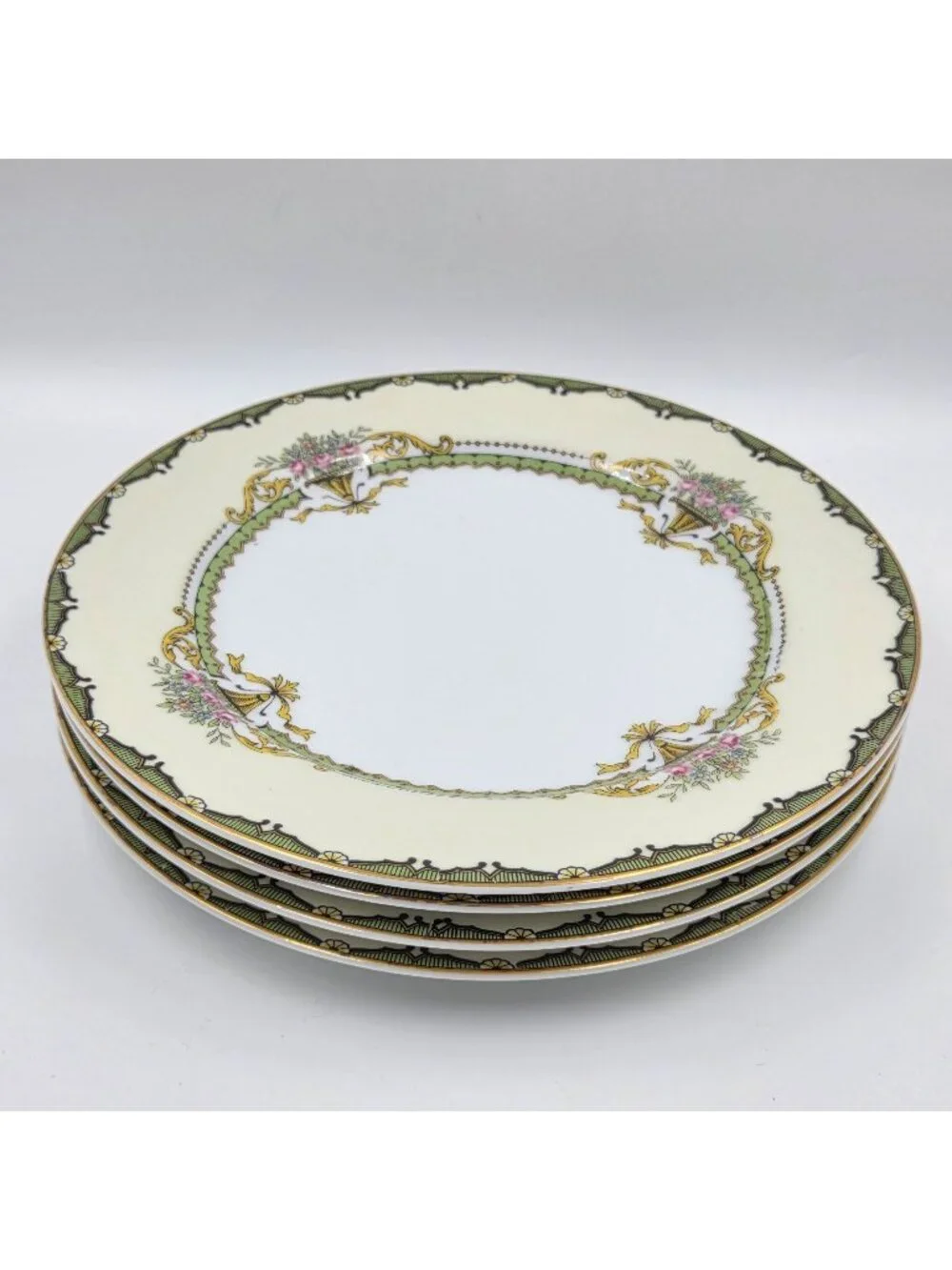 Noritake Penelope Set of 4 Salad Plates Green Border Pink Roses Urn Gold Trim